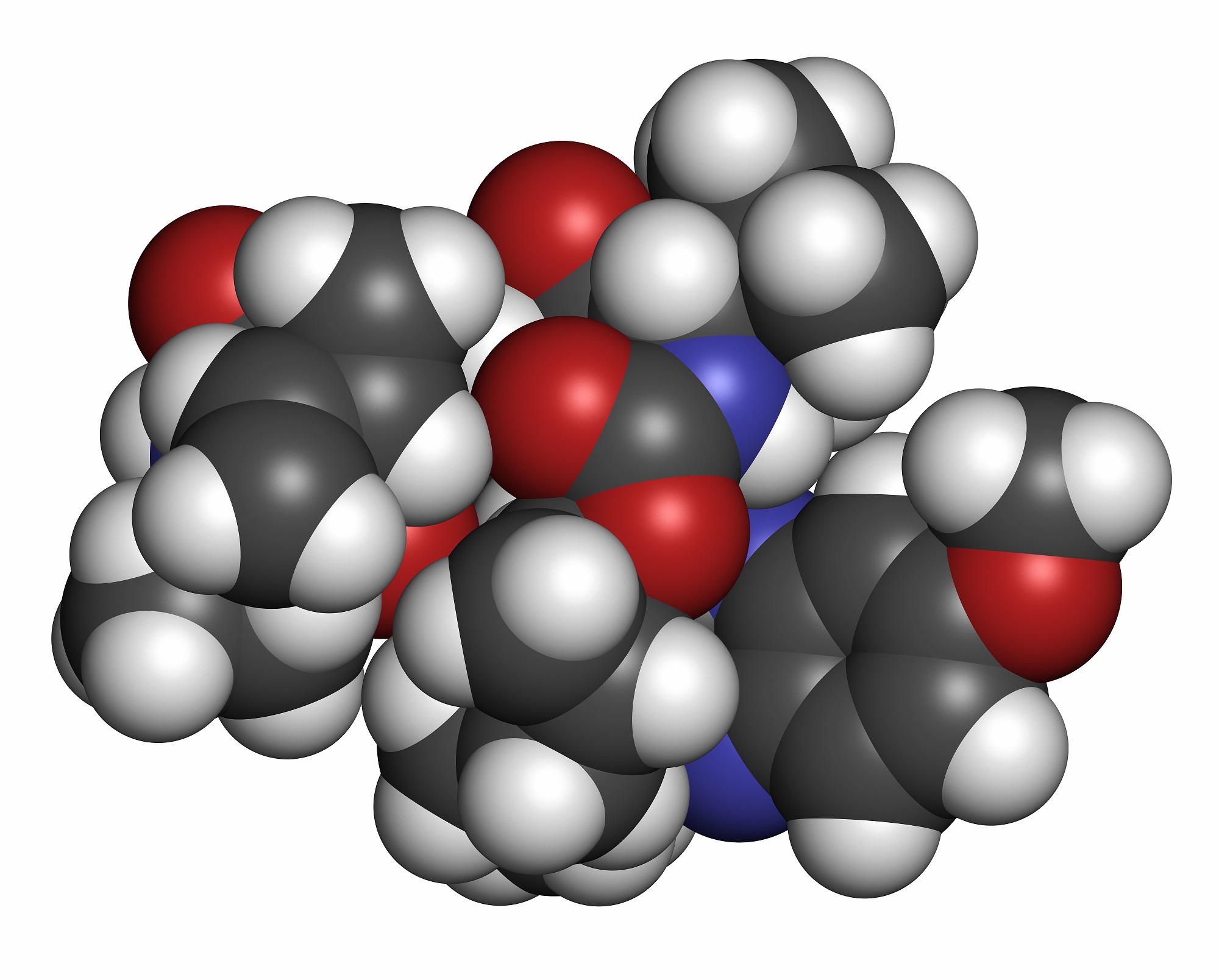 Grazoprevir hepatitis C virus drug molecule (protease inhibitor). Atoms are represented as spheres with conventional color coding: hydrogen (white), carbon (grey), oxygen (red), nitrogen (blue), sulfur (yellow).
