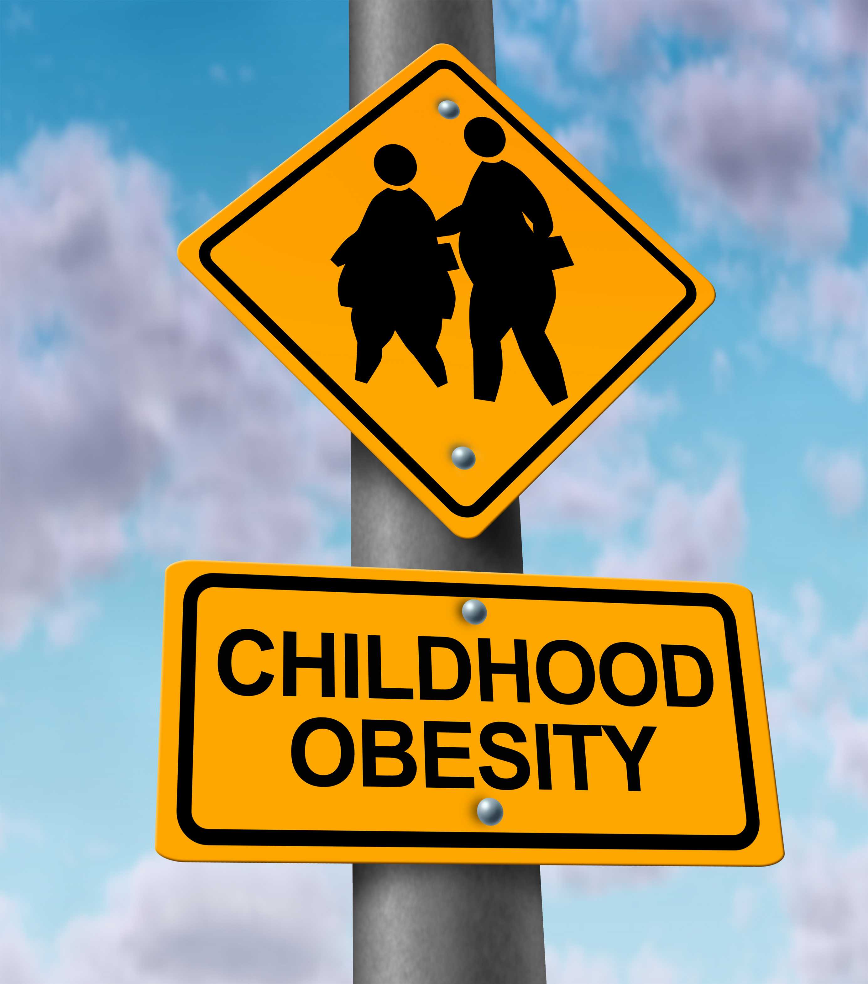 Childhood obesity concept with a traffic road sign showing an icon of overweight kids and young students as a warning to the hazards of eating junk food and fatty fast food.