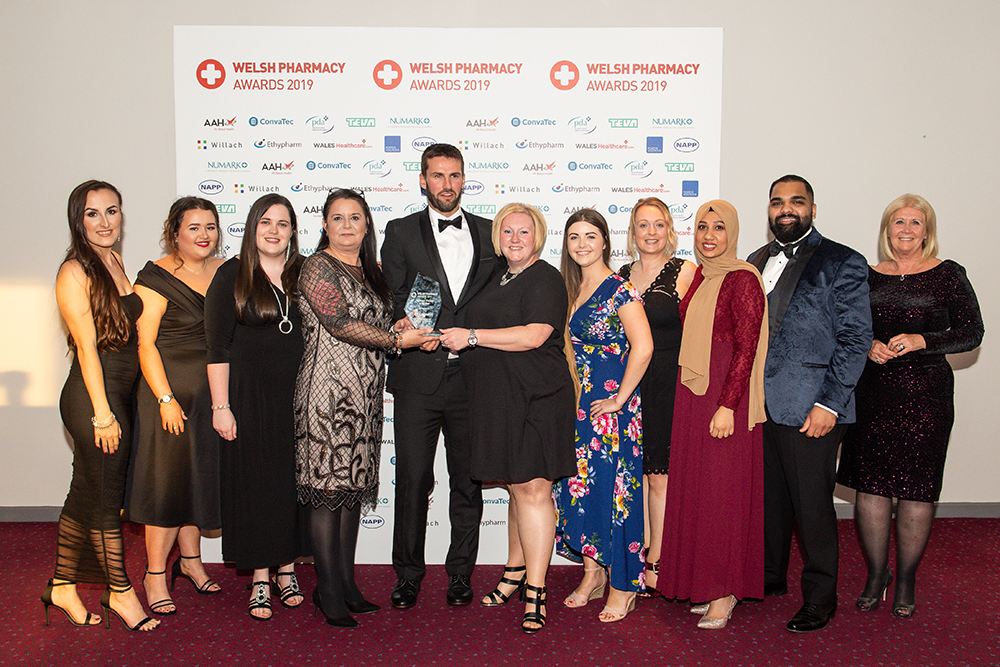 Community Pharmacy Practice of the Year Award joint winner, the Sheppards Pharmacy Team, Whitcombe Street, Aberdare, with Andrea Smart, ConvaTec, and Mair Davies, Director for Wales, Royal Pharmaceutical Society