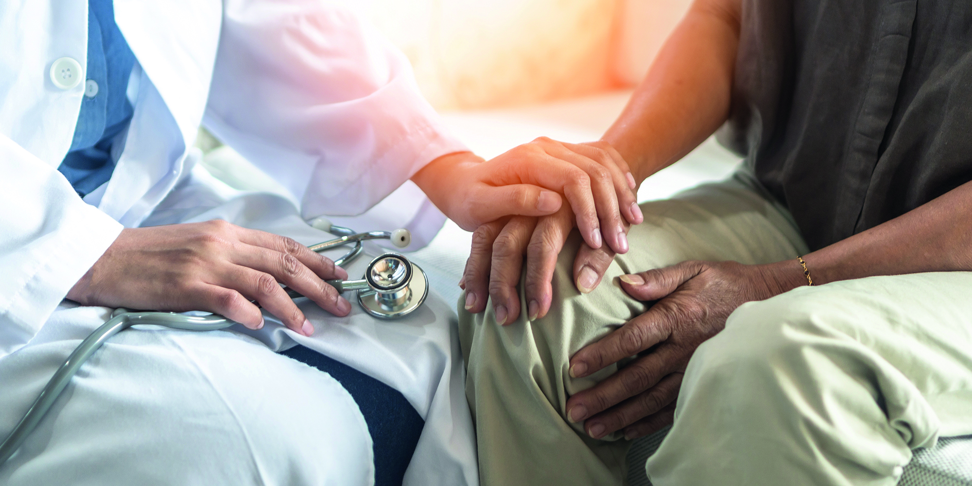 Parkinson's disease patient, Arthritis hand and knee pain or mental health care concept with geriatric doctor consulting examining elderly senior aged adult in medical exam clinic or hospital