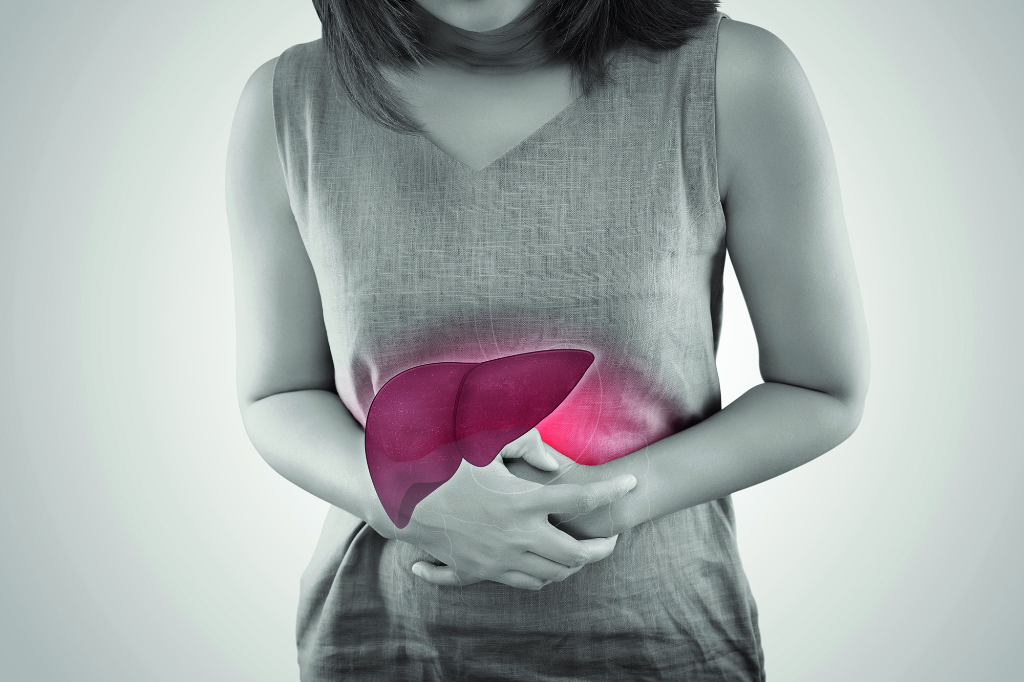 The Photo Of Liver On Woman's Body Against Gray Background, Hepatitis, Concept with Healthcare And Medicine